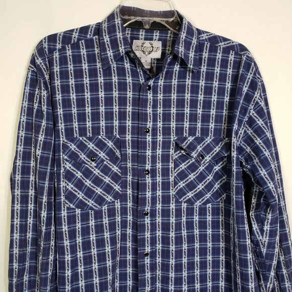 Cowboy Up Men Shirt Medium Pearl Snap Blue Plaid Long Sleeve Blue Western Pocket - Picture 3 of 11